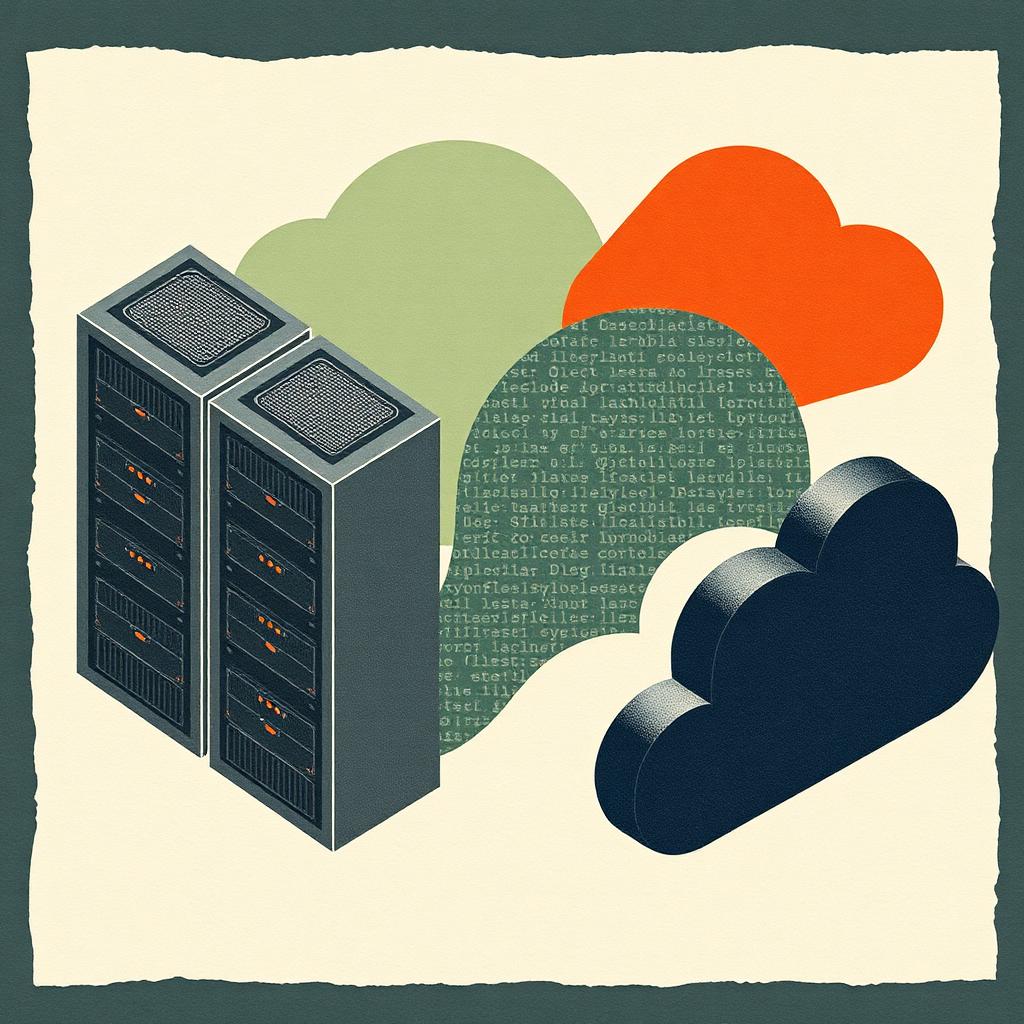 Editorial collage of servers and cloud shapes